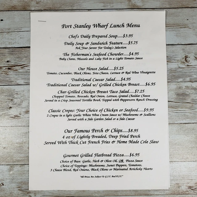 Port Stanley Wharf Lunch Menu Ontario Defunct Canadian Restaurant