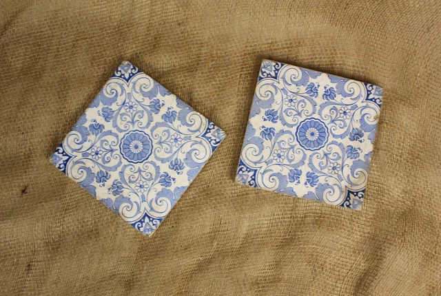 Pair of Vintage Ceramic Blue and White Pattern Tiles Pottery Trivet Decorative A