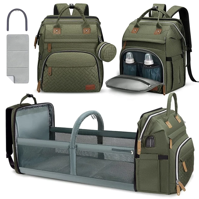 Baby Diaper Bag Backpack Changing Station Portable Crib -- Green-- Derjunstar