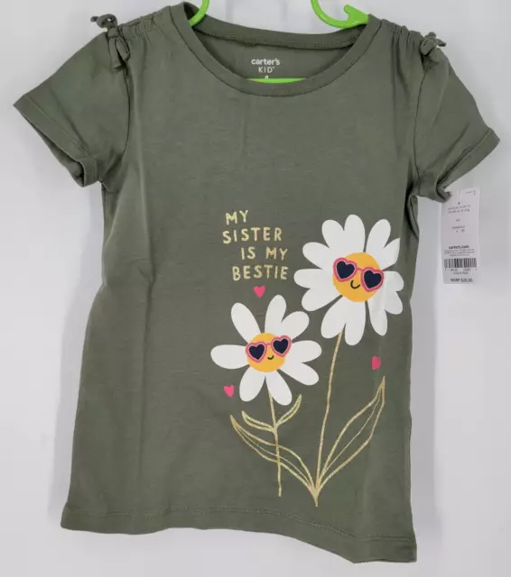 Carters Kid S/S T-Shirt ~ Toddler Sz 4 ~ My Sister is my Bestie GREEN sunflowers