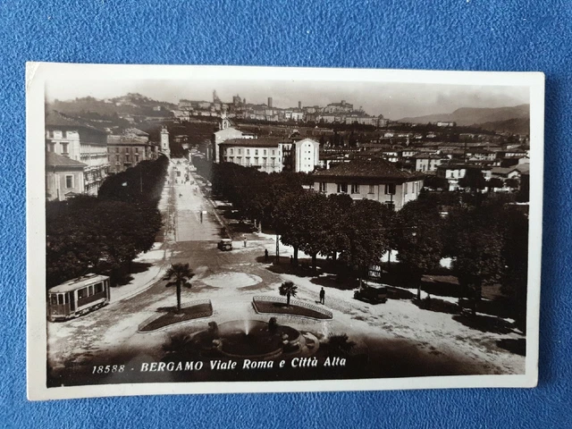 Cartolina Viaggiata Bergamo Viale Roma e Città Alta con Tram  19 Agosto 1934
