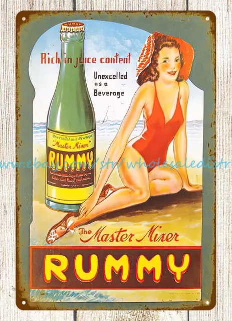 Rummy Beverage master mixer beach girl metal tin sign nostalgic room wall art