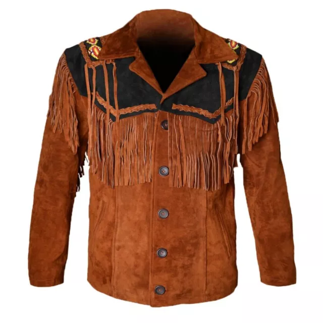Men Native American Western Cowboy Leather Jacket Suede Fringe & Beaded