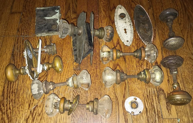 Antique Metal Door Knobs Plate Mix Lot Crystal Embossed 1900s Victorian Salvage
