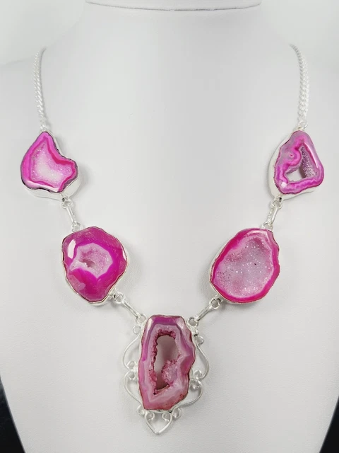 Pink Solar Quartz Natural Bulky Stone Statement Necklace 20" 925 Sterling Silver