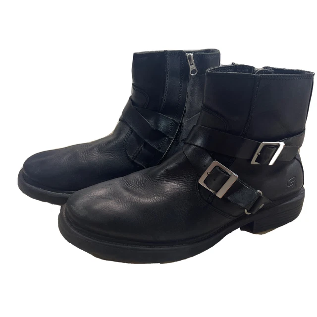 Skechers Cinder Twist Harness Boots Black Leather Moto Biker Buckle Zip Men 11