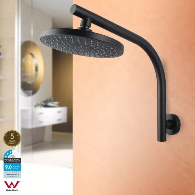 WELS Black 8'' Round Rainfall Shower Head Rose Gooseneck Wall Arm Set Watermark