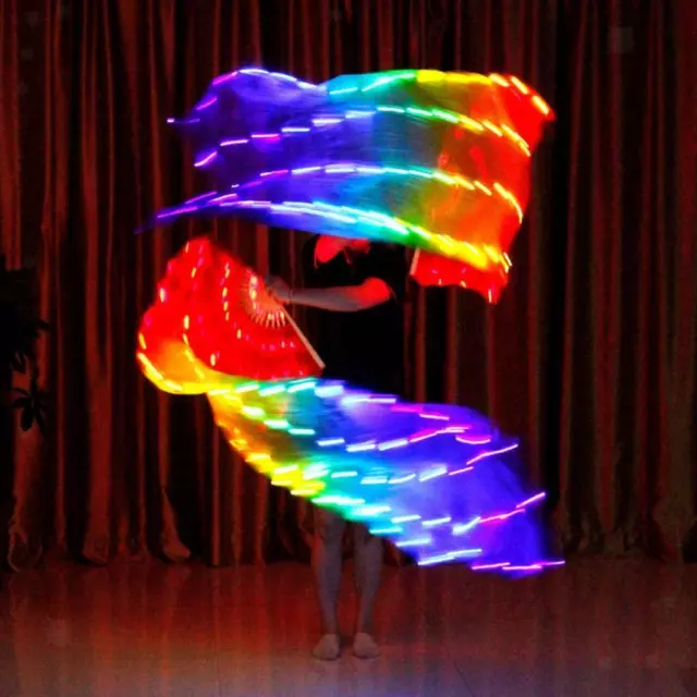 Rainbow 100% Real Silk Glow LED Belly Dance Fan Veils Stage Show Party Props