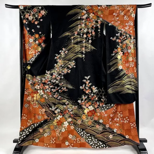 Japanese kimono SILK"FURISODE" long sleeves, Gold leaf, Rowel,Waves,L5' 5"..3448