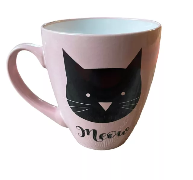 Black Cat “Meow” Pink Coffee Mug 16 Fluid Ounce Capacity