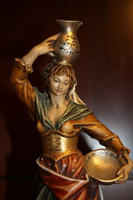 Vtg 11.6" Wood Hand Carved Girl Woman Water Bearer Carrier Statue Figure Germany