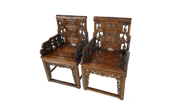 Pair of Antique Chinese Armchair with Carved Back 2