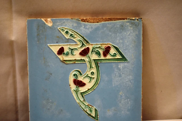Antique Ceramic Tile Majolica Art Nouveau Floral "Re" Of Hare Krishna Gwalior"36 2