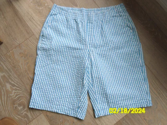 Lands End Shorts sz 14 Blue White Seersucker Stretch striped Pull On Pockets