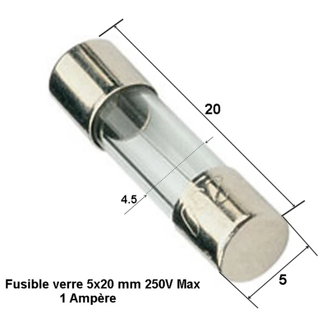 1A (Ampère) fusible verre rapide universel cylindrique 5x20 mm 250V Max.  .D6