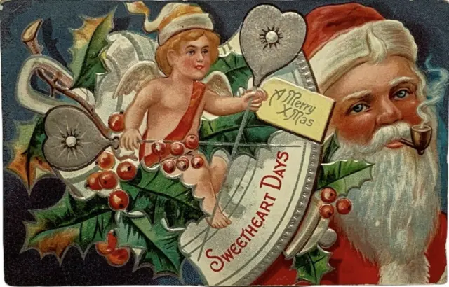 Embossed Vintage Christmas Postcard With Santa Smoking A Pipe Sweetheart Series