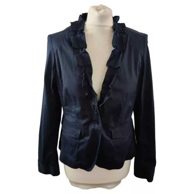 Talbots Womens Blazer Jacket Navy Size 10P Cotton Ruffled Collar Single Button