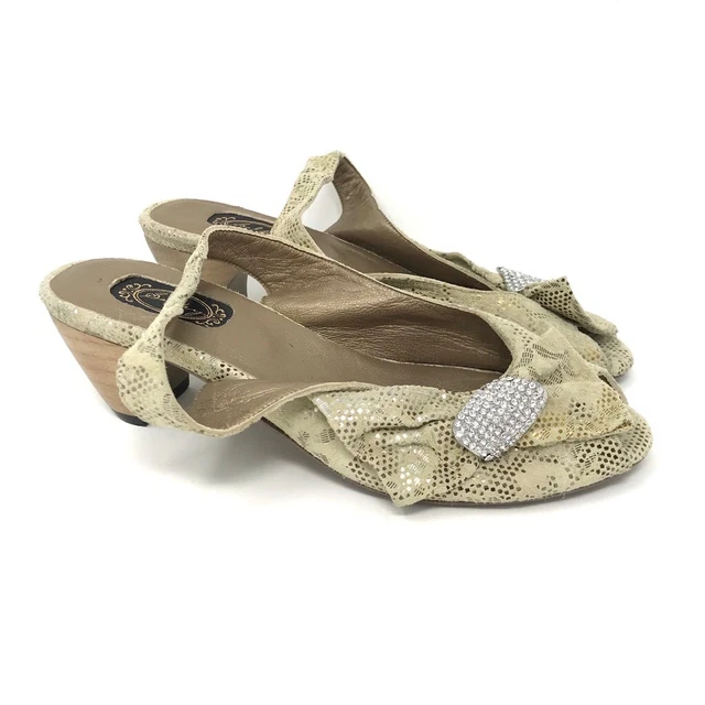 Salpy Women's Slingback Shoes Block Heels Beige Leather Bling Bow Peep Toe USA 6