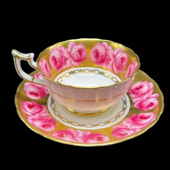 Vintage Royal Chelsea England Teacup & Saucer Bone China Gold Pink Cabbage Roses