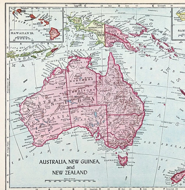 1953 Australia Map Samoa Hawaii New Zealand New Guinea Fiji Papua Sydney Perth