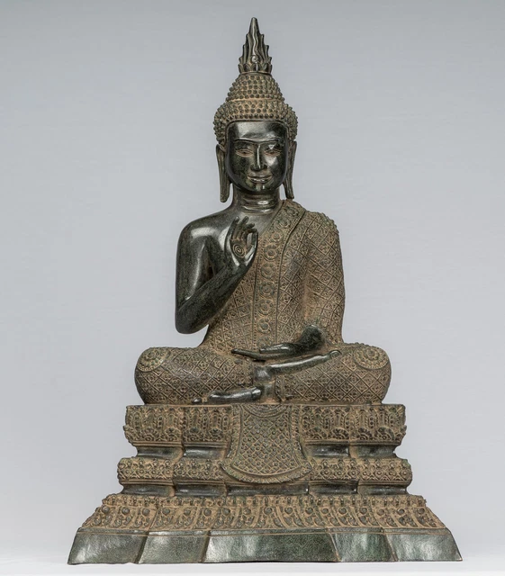 Antique Thai Style Bronze Buddha Statue Dharmachakra Teaching Mudra - 58cm/23"