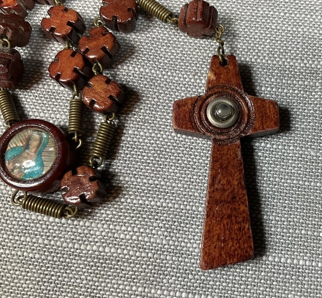 Vintage Rosary Stanhope Wood Cross Shaped Beads Christian H76