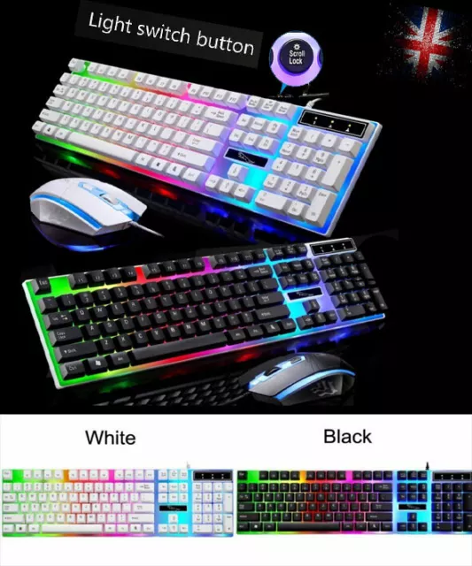 Gaming Keyboard Mouse Set Rainbow Pad LED Wired USB For PC Laptop PS4 Xbox One