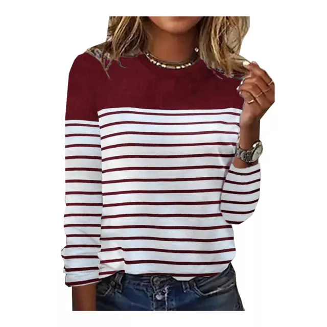 Women Tee Ladies Tops Long Sleeve Pullover T Shirt Casual Comfy Striped Fashion 3