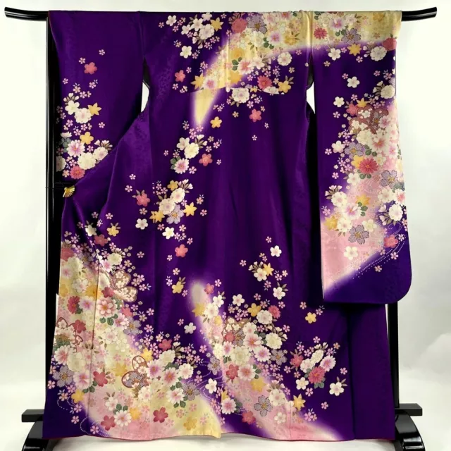 Japanese kimono SILK"FURISODE" long sleeves, Gold leaf, SAKURA,KIKU,L5' 5"..3500