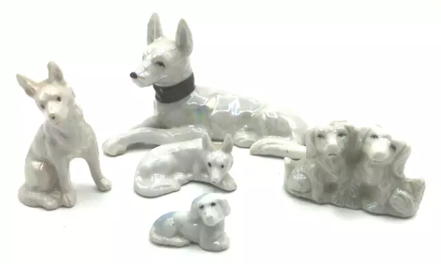 Vintage Miniature Japan Dog Figurines  White White and Blue Iridescent Lot Of 5