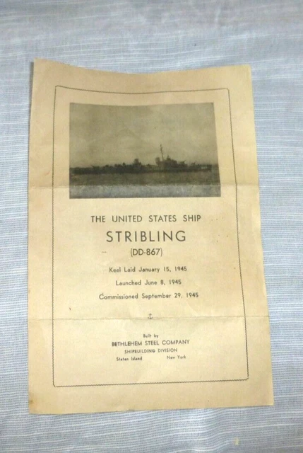 Vintage Program Us Navy Ship Uss Stribling Dd-867 Bethlehem Steel New York 1945