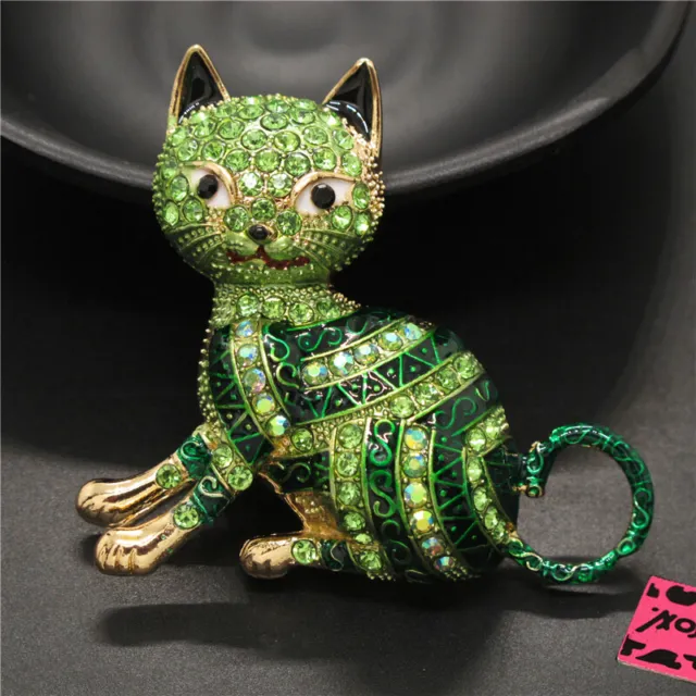 New Green Bling Playful Cat Animal Crystal Betsey Johnson Charm Brooch Pin Gifts