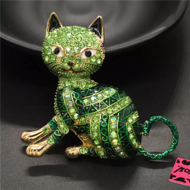 New Green Bling Playful Cat Animal Crystal Betsey Johnson Charm Brooch Pin Gifts