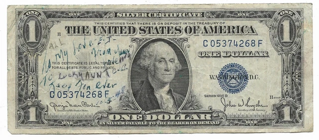 Rare Old US Blue Seal 1935 Dollar Bill Collection Silver Certificate LOVE NOTE!!