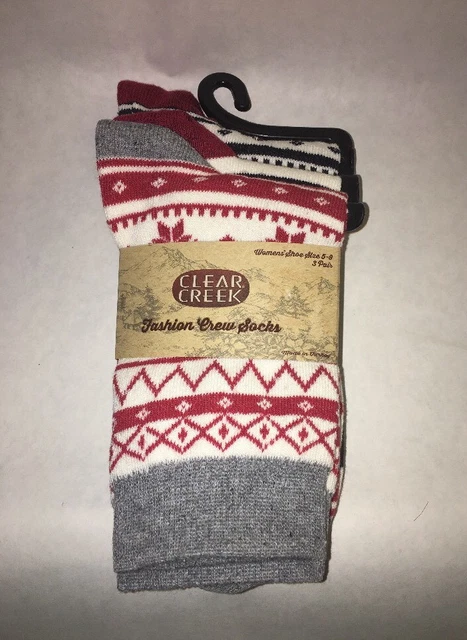 3 Pairs Clear Creek Fashion Crew Sock Womens’ Shoe Size 5-9  NWT.