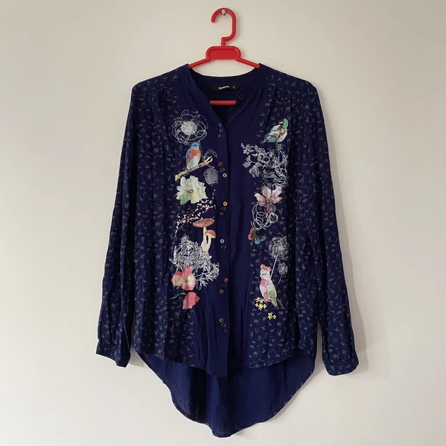 Desigual Nature Bird Print Shirt Blouse Size Small. Navy Blue. Mushroom Casual