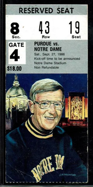 1986 COLLEGE FOOTBALL TICKET NOTRE DAME PURDUE LOU HOLTZ 1st WIN in SOUTH BEND!