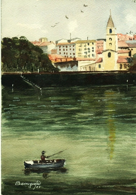 ACUARELA ORIGINAL DE BERRUGUETE, IGLESIA DE SAN PEDRO DESDE EL MAR Acuarela,wate