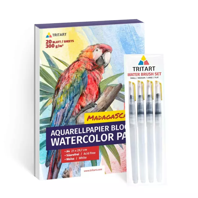 Water Brush Pen Wasserpinsel mit Tank, 4 Wassertankpinsel, Aquarellpapier A4