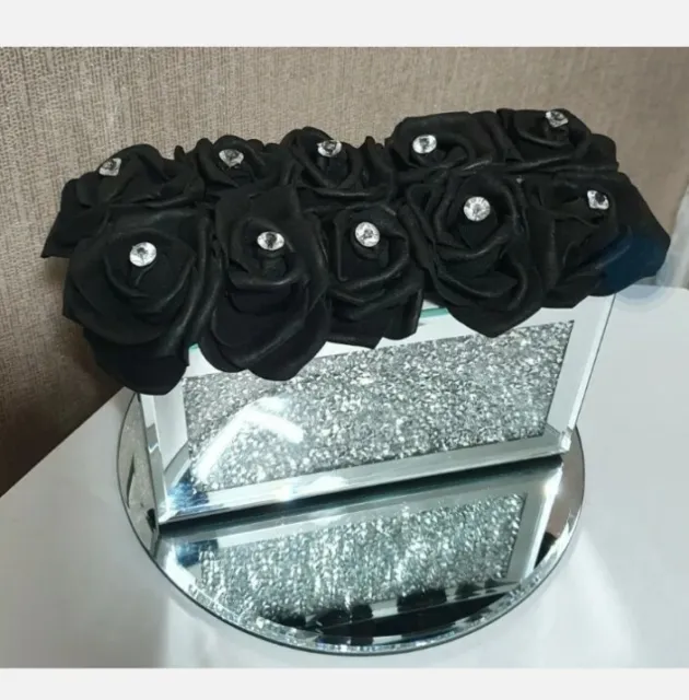 Artificial Black foam flowers in crushed diamond mirrored rectangle vase 14x18