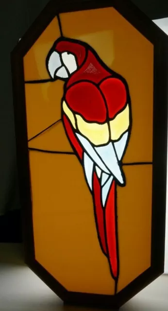 Window Faux Stained Glass Plastic Octagonal Red Macaw, 2.5" wood frame. 11x23.5