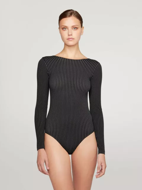 Wolford Rey String Body Manches Longues à Rayures Fines Profond Décolleté Dos 3