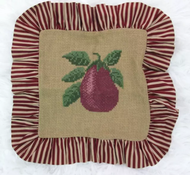 Handmade Cross Stitch Eggplant Throw Pillow Cover Red Beige Stripe Ruffle Leaves