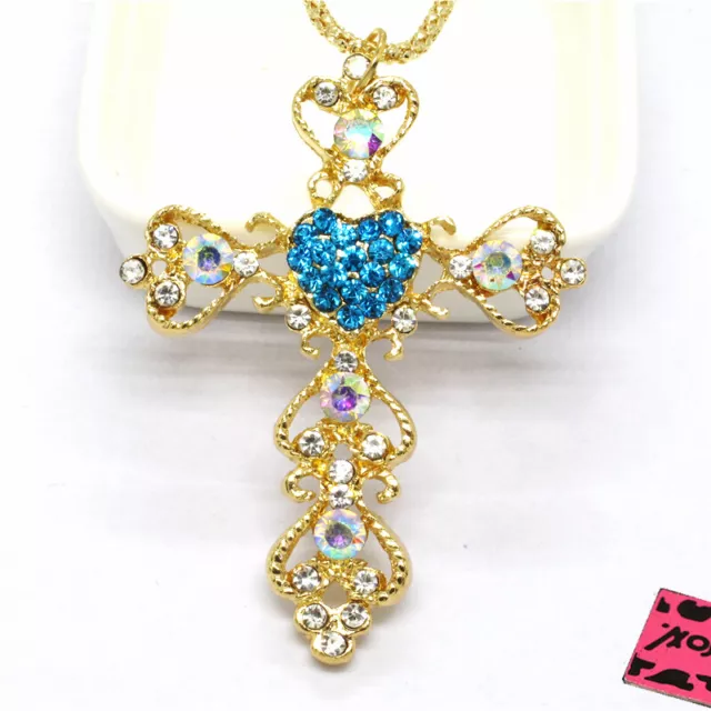Betsey Johnson Blue Golden Cross Prayer AB Crystal Pendant China Necklace