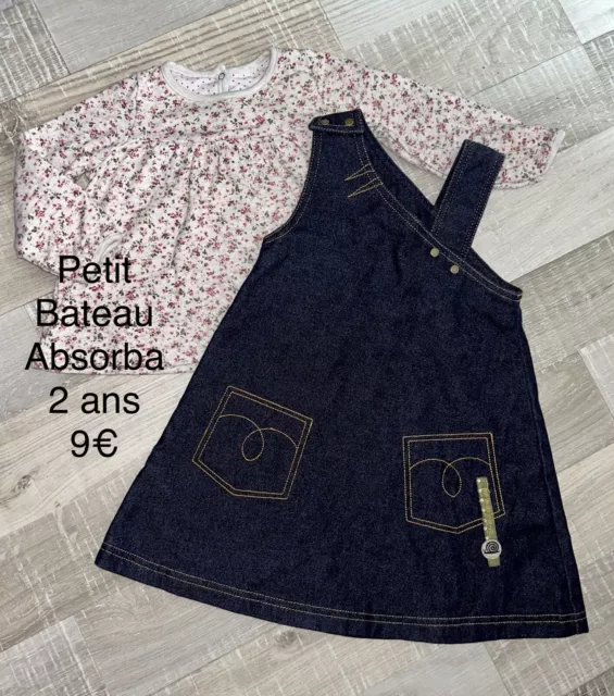 Petit Bateau Absorba 2 Ans Fille : Robe Jean + T Shirt Fleuri Hiver