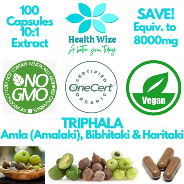 Triphala Organic 100 Capsules Highest Potency & Purity, Immune Support +++