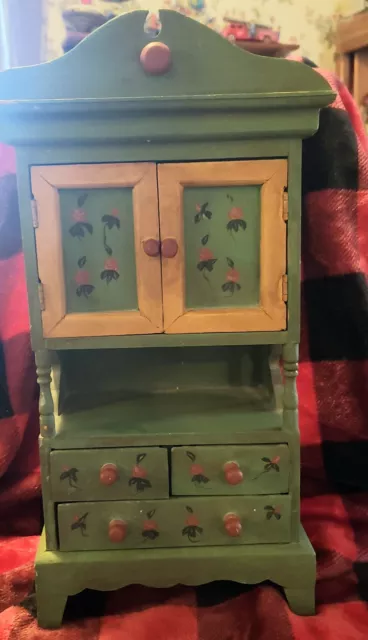 Primitive Handpainted Hutch/Cabinet For Jewelry, Doll Furniture Or Display. 18½"