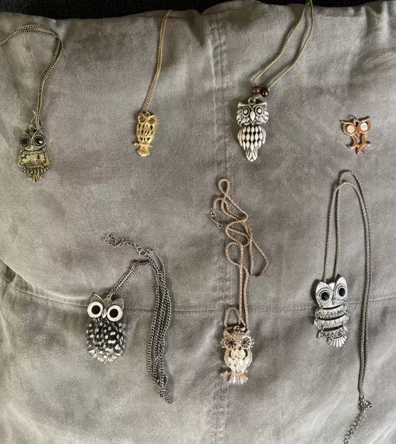 7 Owl Pendant Necklaces Vintage To Now Unbranded, Various Stones And Metals