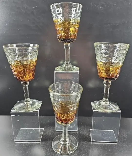 4 Mexican Hand Blown Amber Fade Wine Glasses Set Textured Embossed Stemware Lot