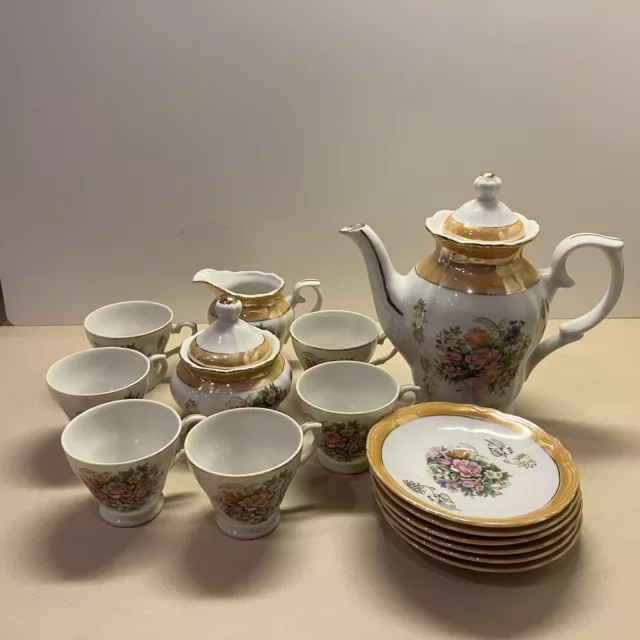 Vintage Japan 17 Piece Demitasse Tea Set Serves 6- Floral With Gold Accents